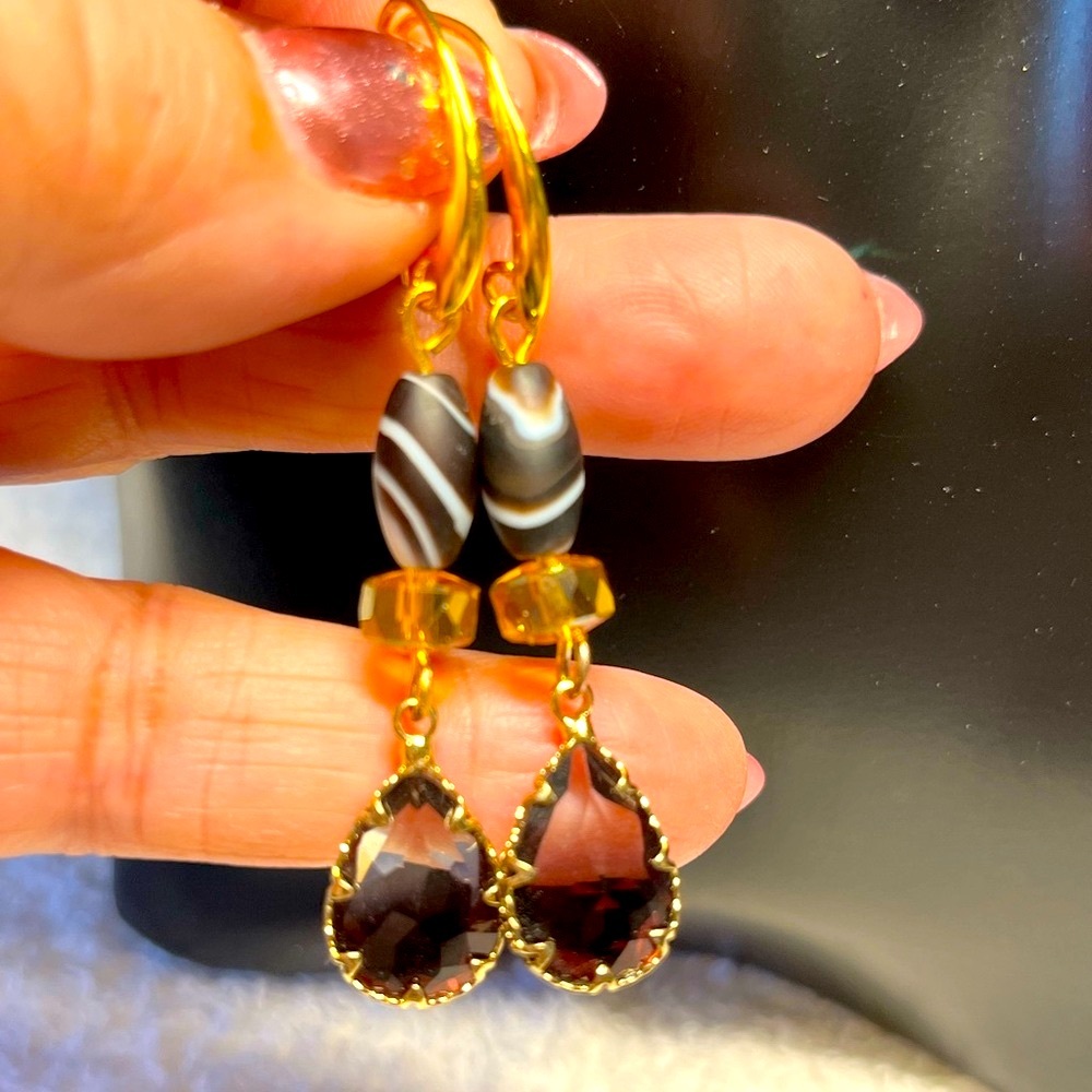 🦚genuine striped brown agate with smoky quartz like earrings